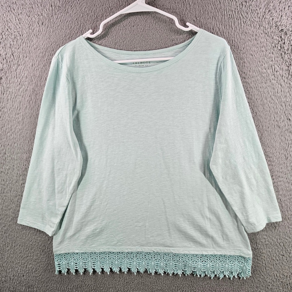Talbots Petites Mint Green Cotton Slub Crochet Lace Hem Top Mp‎ Womens